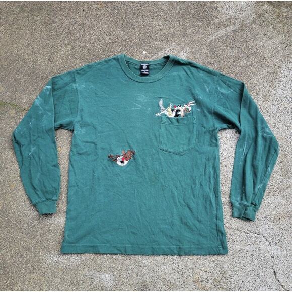 VTG 1995 WARNER BROS STUDIO STORE LOONEY TUNES POCKET LONG SLEEVE T-SHIRT SMALL - Picture 1 of 4